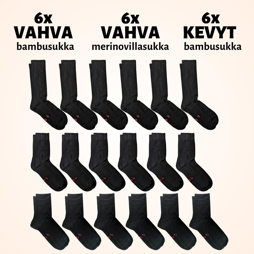 Varsisetti: 6pr vahva bambusukka, 6pr merinovillasukka, 6pr kevyt bambusukka